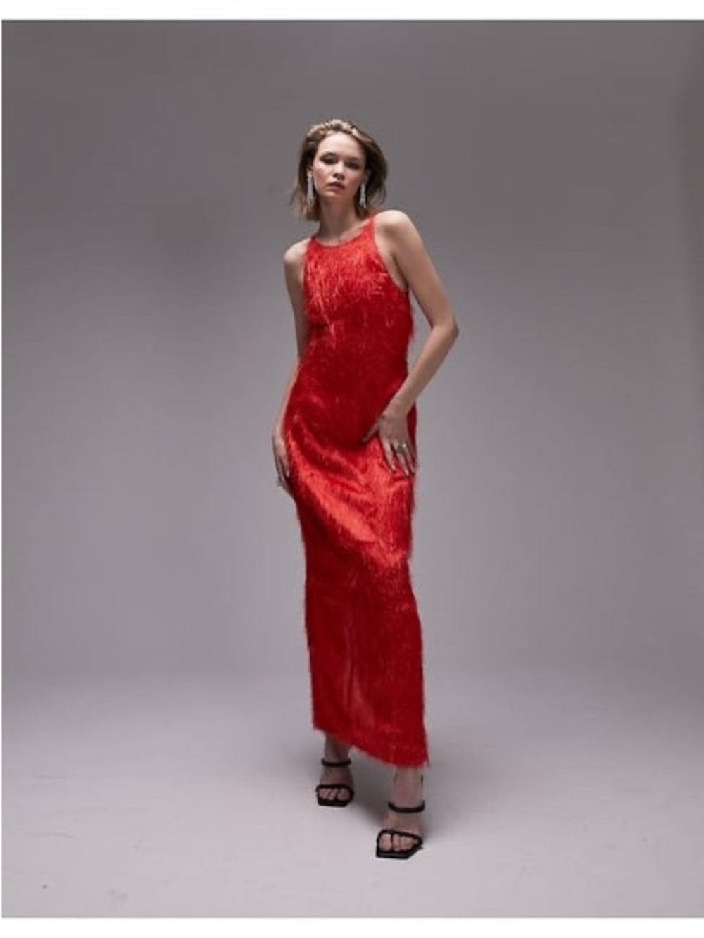 Topshop textured tassel open back midi dress in red